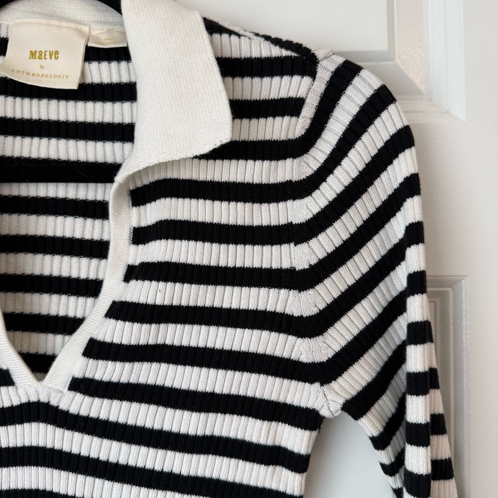 Anthropologie Maeve Bell Sleeve Ribbed Knit Polo Sweater Sz S Black V Neck Prep - Picture 5 of 13